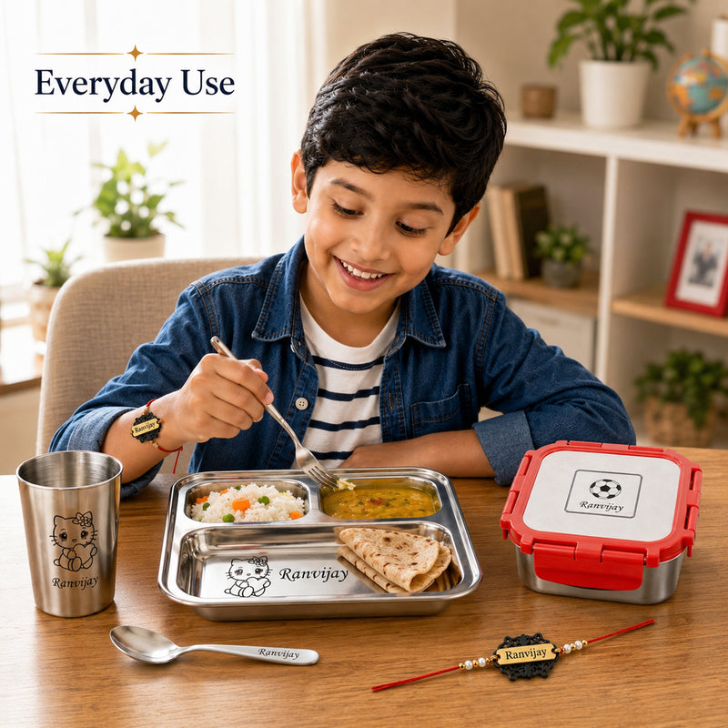 Customized Rakhi Gift Set | Custom Name Engraved 3 Compartment Steel Plate, Lunch Box & Foil Rakhi.