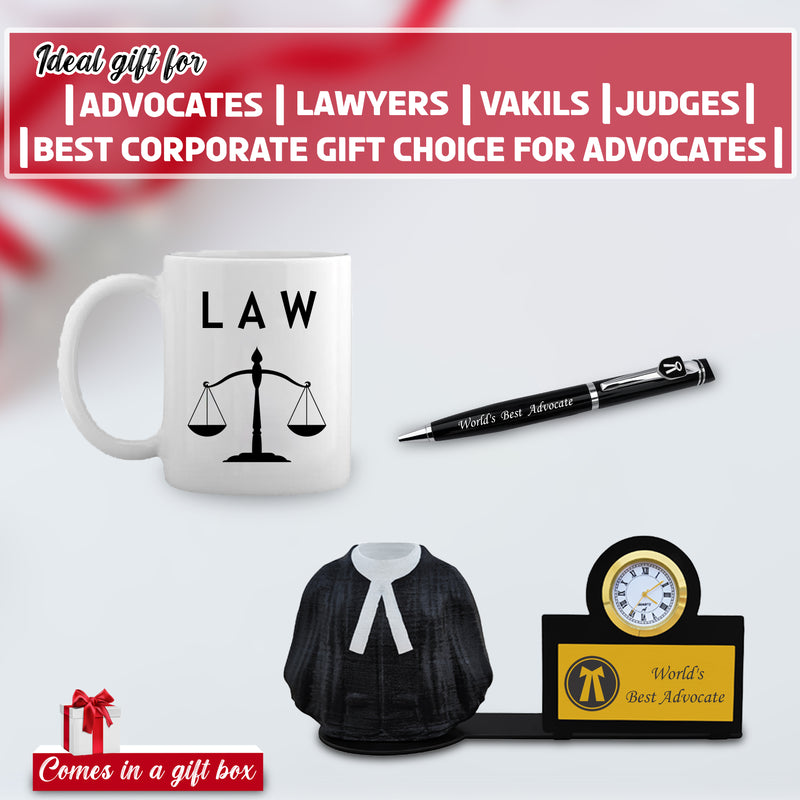 Advocate Pen, Fiber Pen Stand with Watch & Advocate Coffee Mug with 'World's Best Advocate' Engraved.