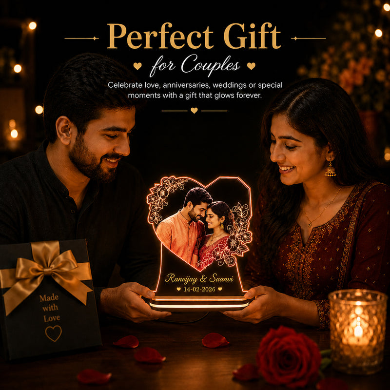 Personalized Acrylic Heart LED Photo Frame 6x8 Inch – Customized HD UV Printed Photo Acrylic Night Light with Name & Date