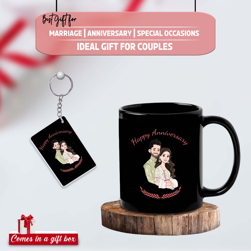 Black Mug & Keychain with 'Happy Anniversary' Quote & Couple Image.