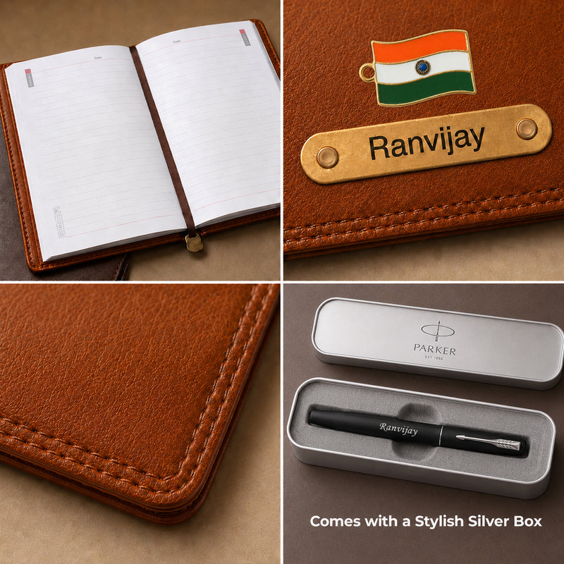 Customized Brown Diary & Branded Parker Fountain Pen Gift Set with Name Engraved.