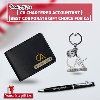 CA Combo: CA Logo Keychain, Pen & Wallet with Name.