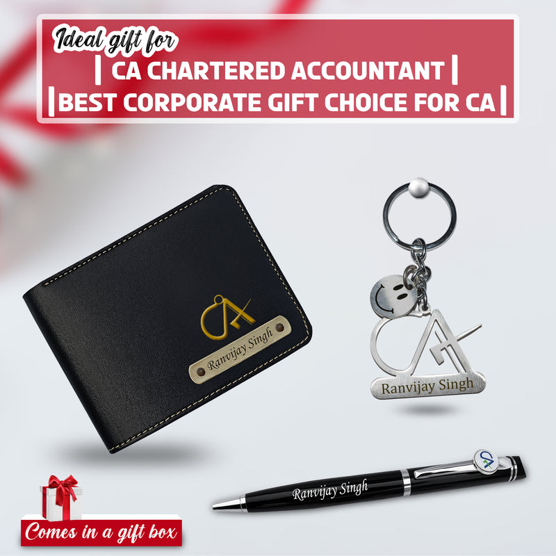 CA Combo: CA Logo Keychain, Pen & Wallet with Name.