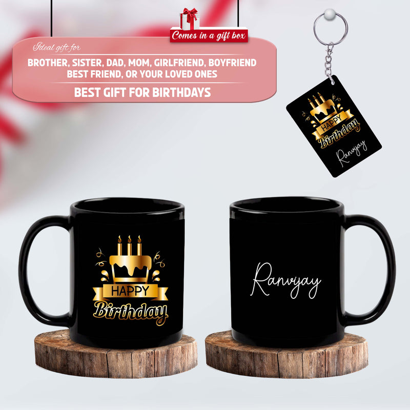 Birthday Gift Combo – Black Ceramic Coffee Mug & Keychain with 'Happy Birthday' Quote & Custom Name