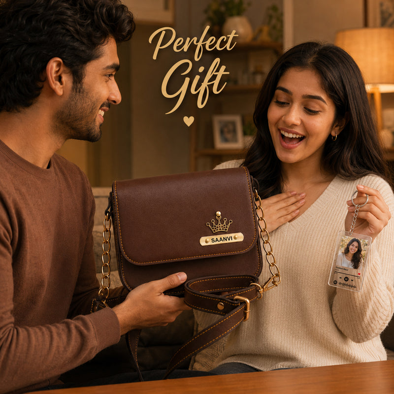 Customized Leather Sling Bag with Name & Charm and Spotify Photo Keychain with Favourite Song | Personalized Rakhi Gift for Sister