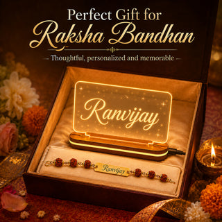 Customized Acrylic LED Photo Frame with Name & Personalized Rudraksha Rakhi for Brother