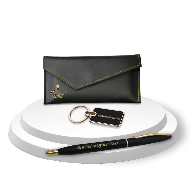 Police Set (Female) -Keychain & Pen with 'Best Police Officer Ever' Engraved,Clutch with Queen Charm