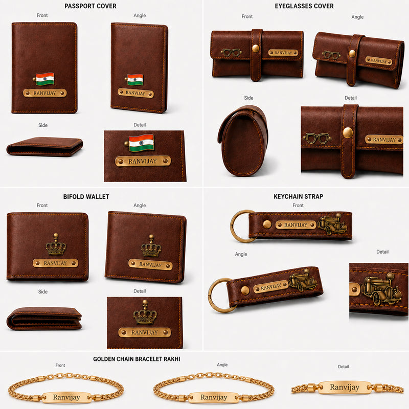 Customized Rakhi Gift for Men | Customized Men's Gift Combo Set 4 Pcs with Name Engraving & Golden Chain Rakhi