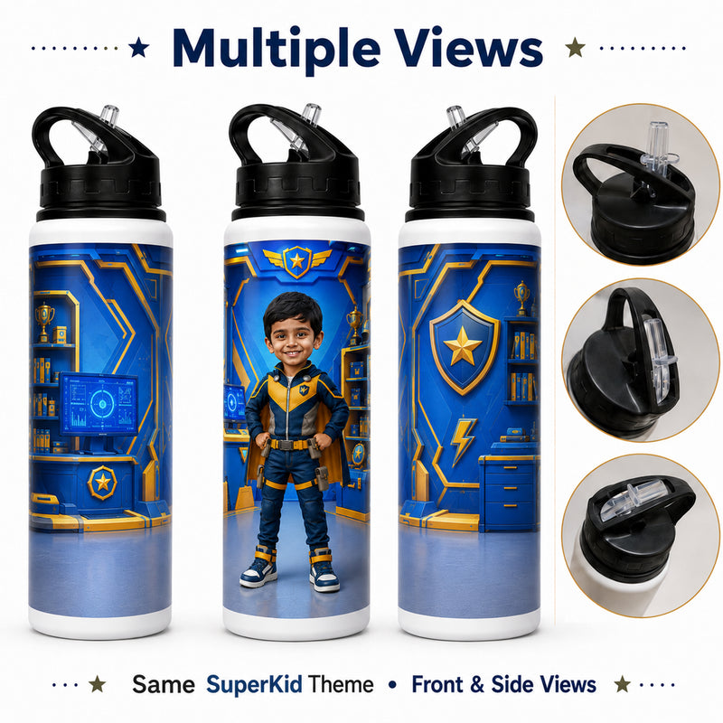 Personalized 750ml Water Bottle for Boys with Photo, Name & AI Avatar.