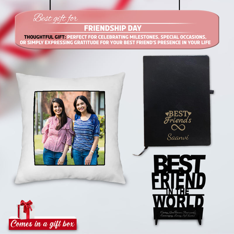 Friendship Day Combo: Satin Cushion, Acrylic Stand, & Engraved Leather Diary