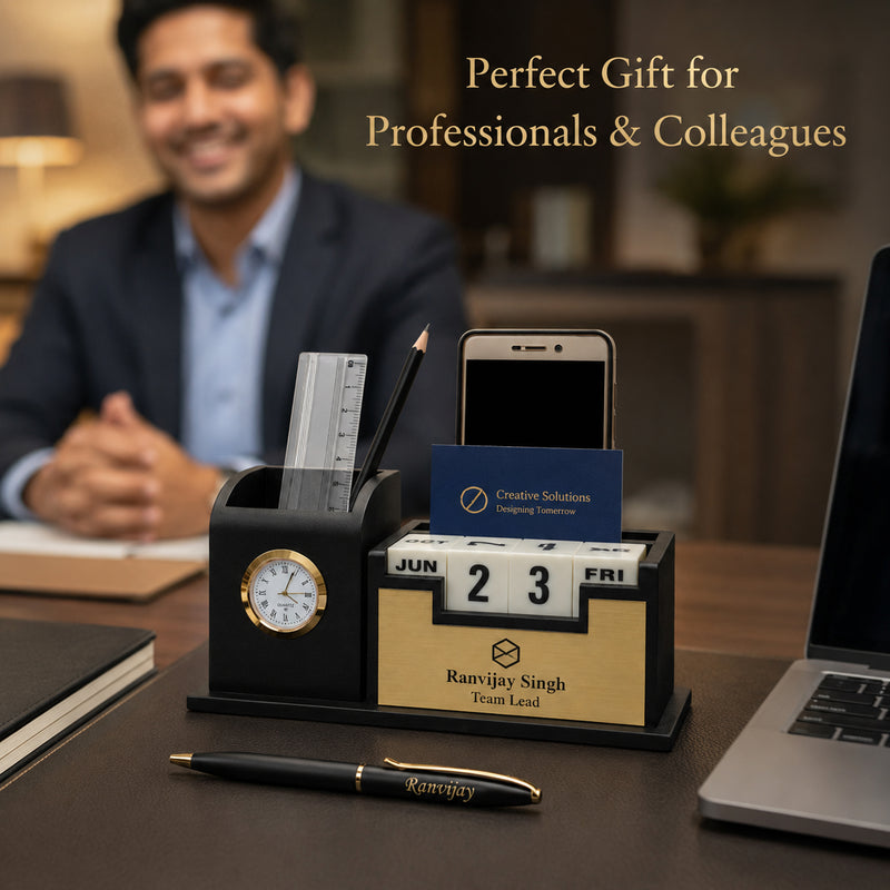 Personalized Pen and Pen Stand with Date & Clock.