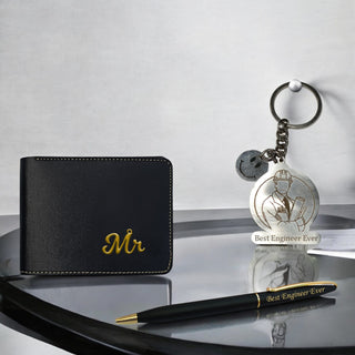 Engineer Gift Set for Men – Engraved Keychain, Pen & Wallet with King Charm.