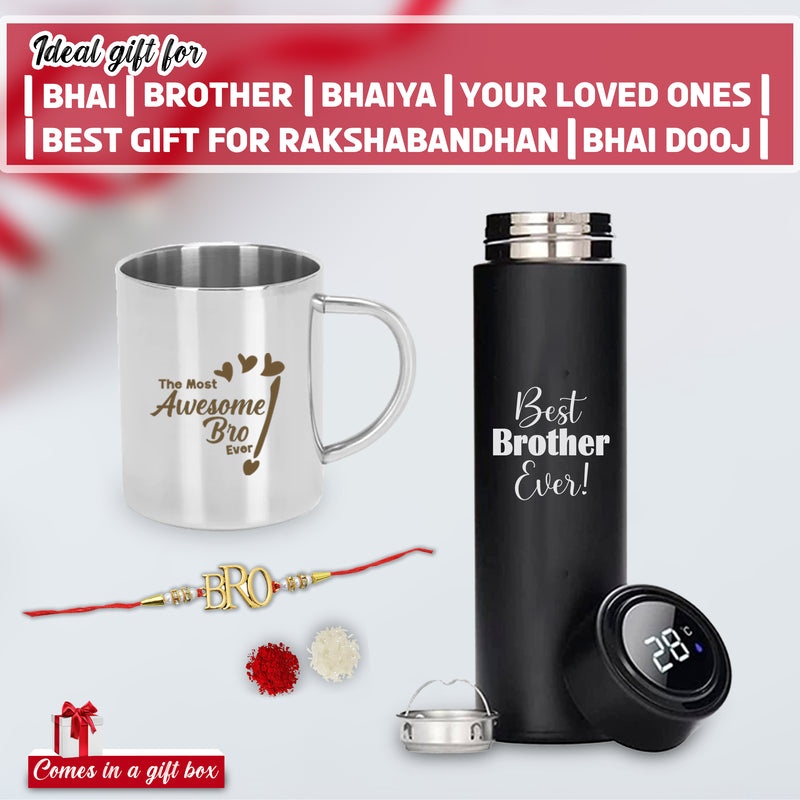 Rakshabandhan Gift Set- Awesome Bro Quote Engraved Mug & Black Bottle