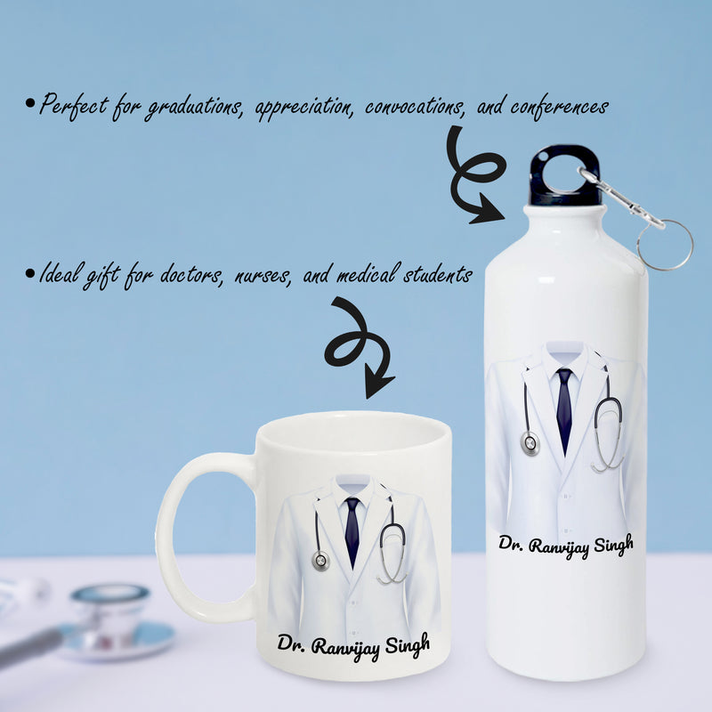 Doctor Gift Set –Custom Name Water Bottle & Ceramic Mug with Doctor Themed Design.