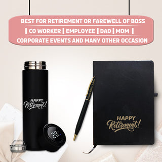 Retirement Gift Set – Pen, A5 Black Diary with Quote & Temperature Bottle –