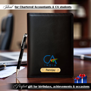 Customized Black Leather Diary with Colored CA Logo Design & Name Engraved Pen.