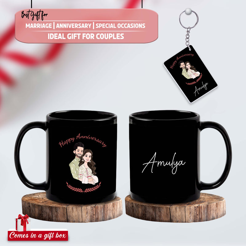 Black Mug & Keychain with Happy Anniversary Quote & Couple Image Printed with Name –