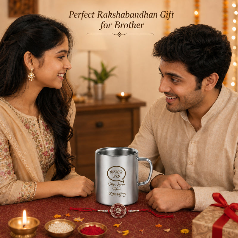 Customized Stainless Steel Mug with Name Engraved & Super Bro Design Engraved.