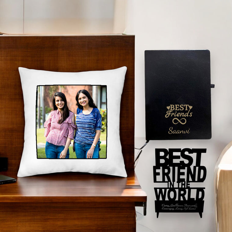 Friendship Day Combo - Photo Cushion, Acrylic Stand, Engraved Diary.