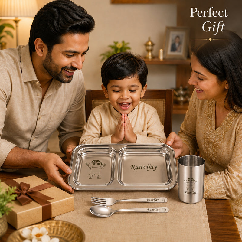 Customized 2 Compartment Stainless Steel Dinner Plate with Spoon & Fork – Name & Design Engraved