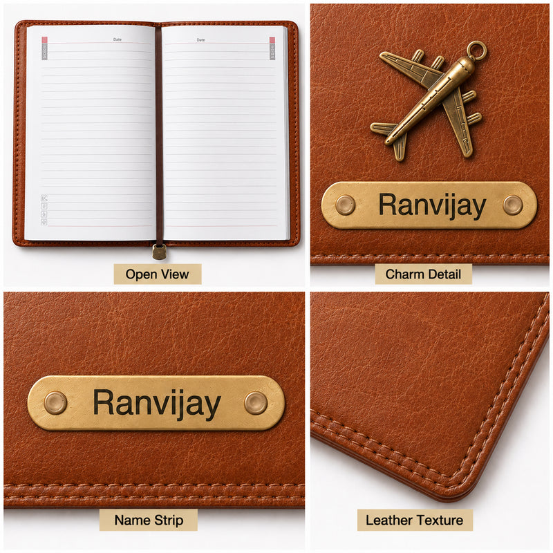Customized Leather A5 Journal Diary with Name & Charm Engraved.