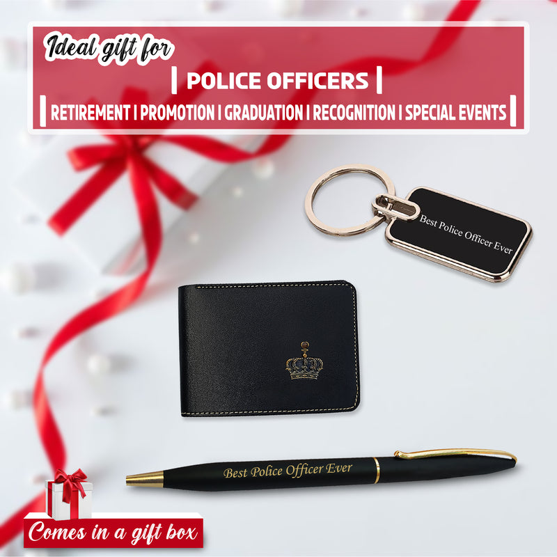 Police Set (Male) - Keychain & Pen with 'Best Police Officer Ever' Engraved, Wallet with King Charm.