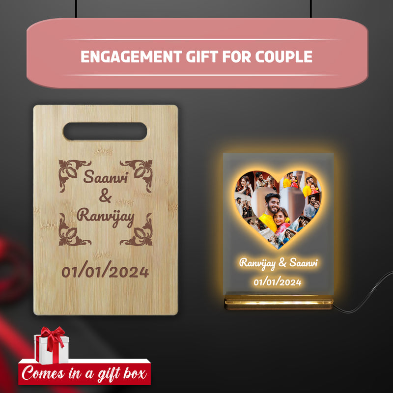 Engagement Gift Set – Heart-Shaped Acrylic Plaque with Custom Photo & Date, Wooden Quote Chopping Board