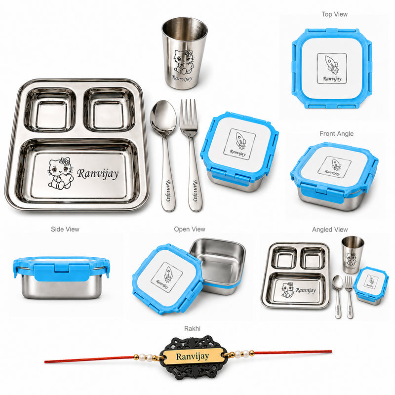 Customized Rakhi Gift Set | Custom Name Engraved 3 Compartment Steel Plate, Lunch Box & Foil Rakhi.