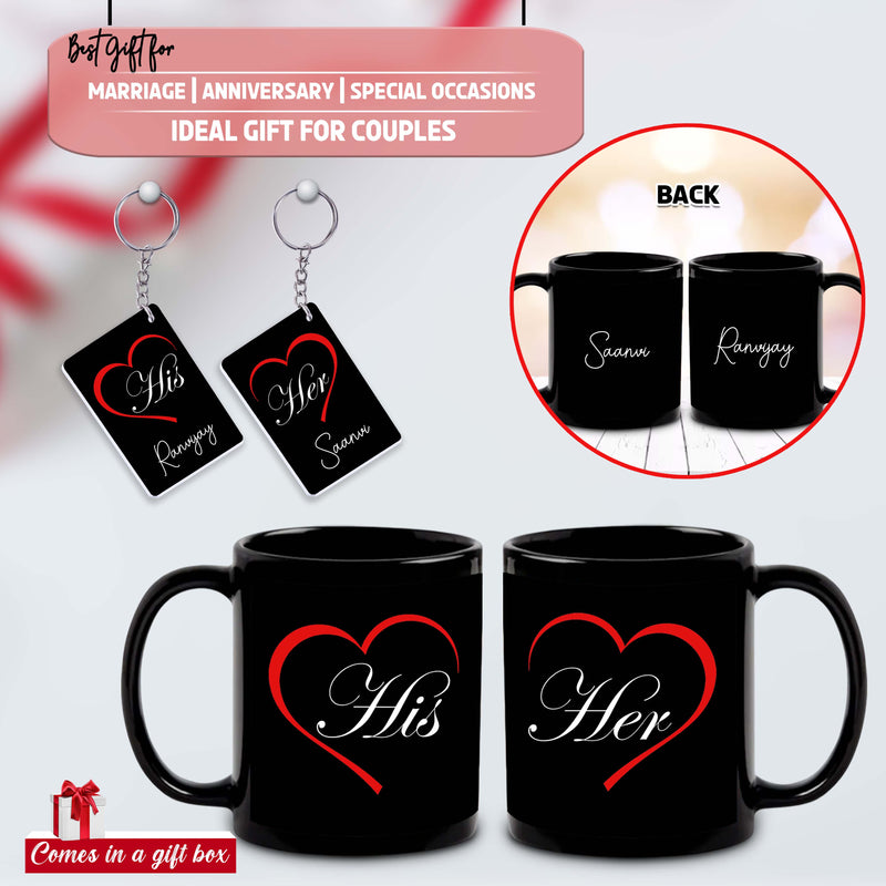 Anniversary Combo-Black Mugs & Keychains (Set of 2) with His & Her Design & Name Printed.