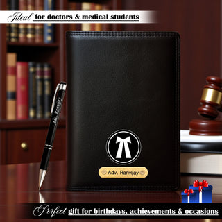 Customized Black Leather Diary with Colored Advocate Logo & Name Engraved Pen.