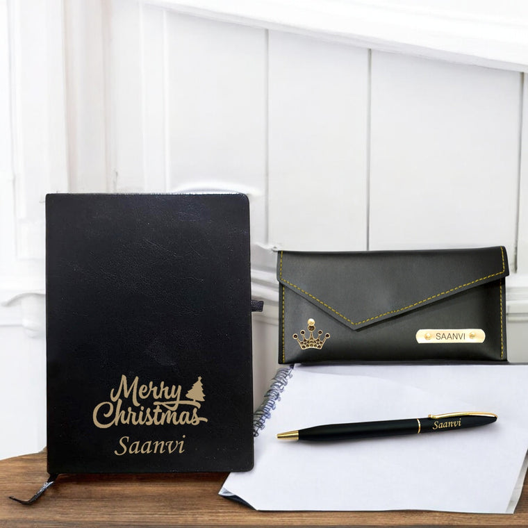 Christmas combo(Female) - Pen, Black A5 Diary, Leather Clutch