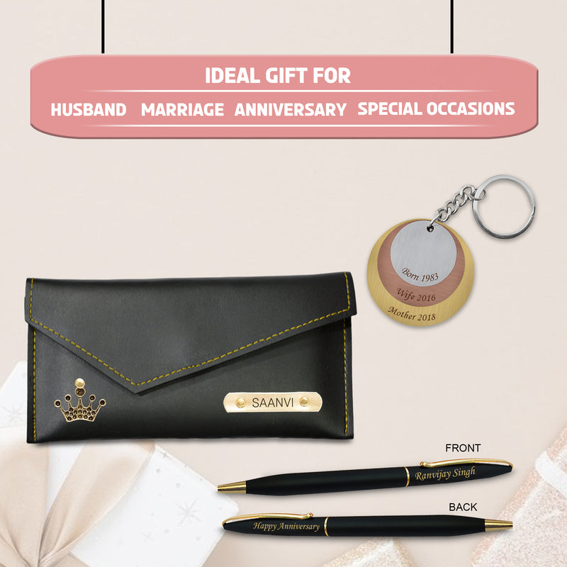 Personalized Anniversary Combo: Trinity Keychain, Engraved Pen & Personalized Clutch.