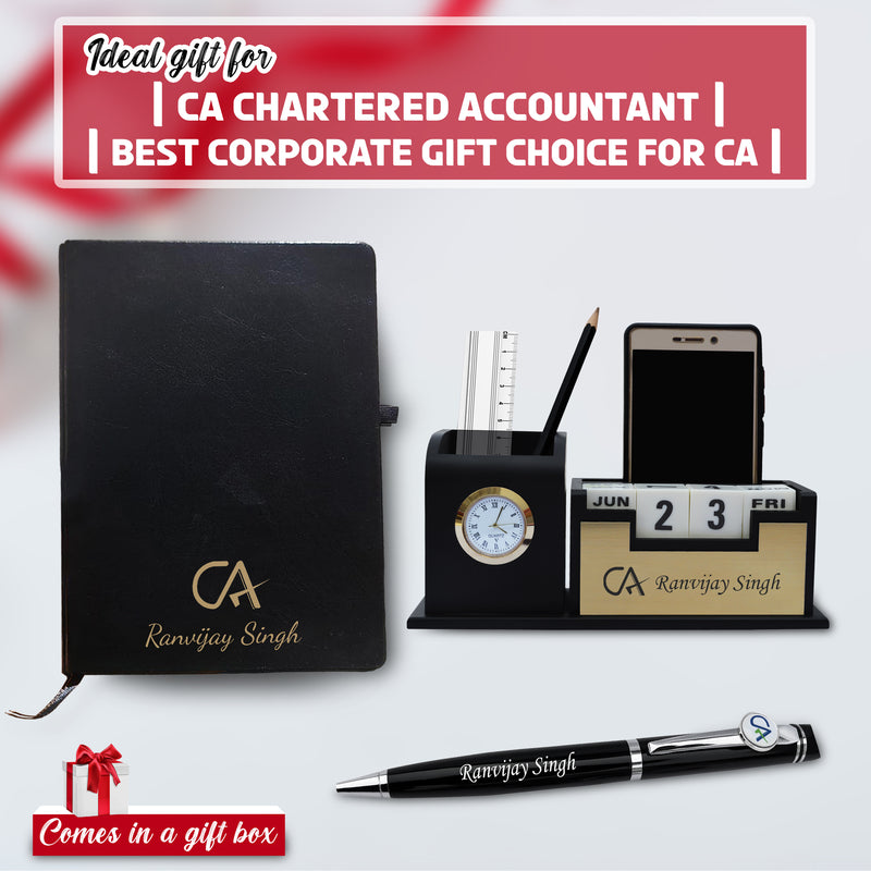 CA Combo: CA Pen Stand, Logo Pen & Engraved Black Diary