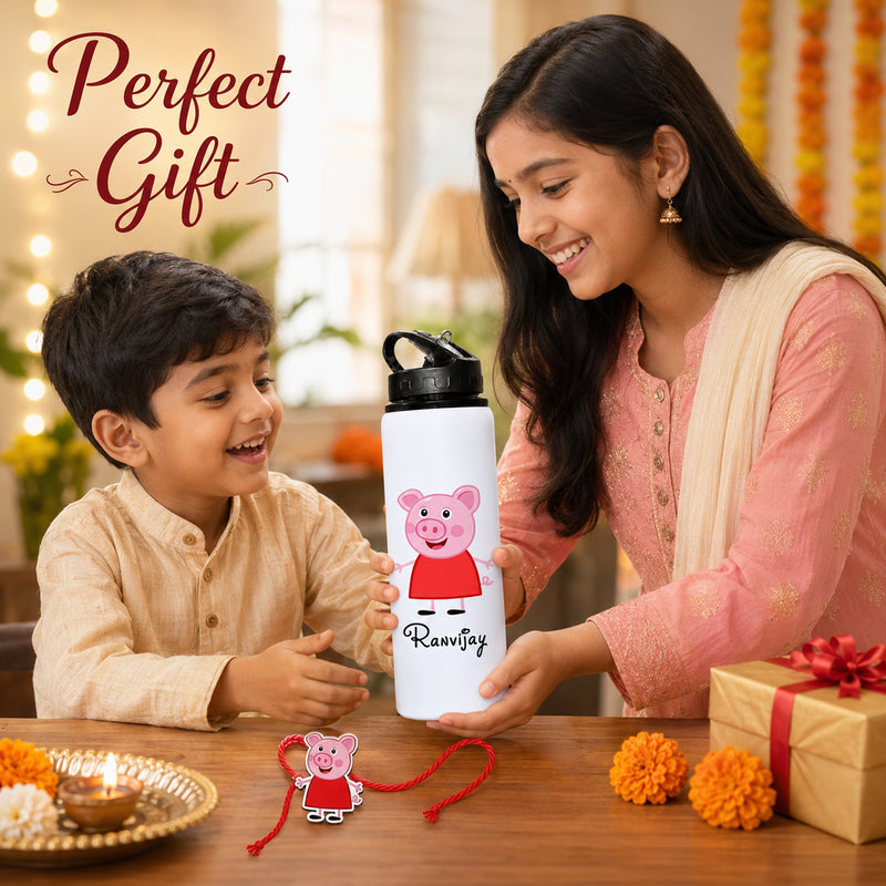 Customized 750 ML Aluminium Sipper Bottle with Name & Favourite Cartoon Print & Personalized Cartoon Caricature Rakhi (Copy) (Copy)