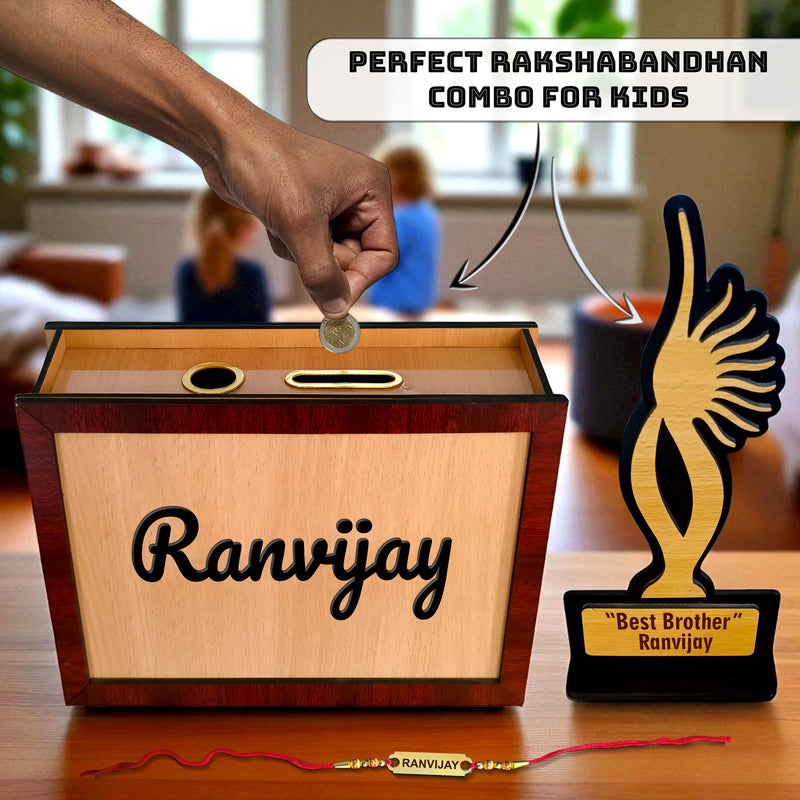 Rakhi Gift Combo – Customized  Piggy Bank, Trophy & Foil Rakhi