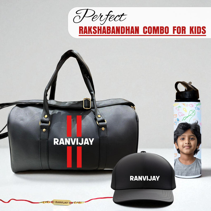 Rakhi Gift Set for Brother – Personalized Cap, Name Printed Duffle Bag, Photo Straw Bottle & Custom Name Foil Rakhi