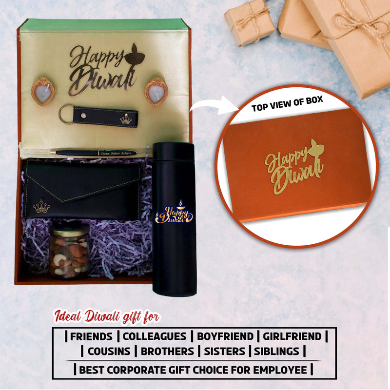 Personalized Gift Set for Women for Diwali – Clutch, Leather Keychain, Metal Pen, Black Bottle with 'Happy Diwali' Quote