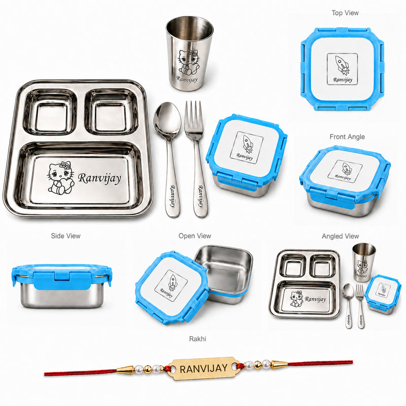 Customized Rakhi Gift Set | Custom Name Engraved 3 Compartment Steel Plate, Lunch Box & Foil Rakhi
