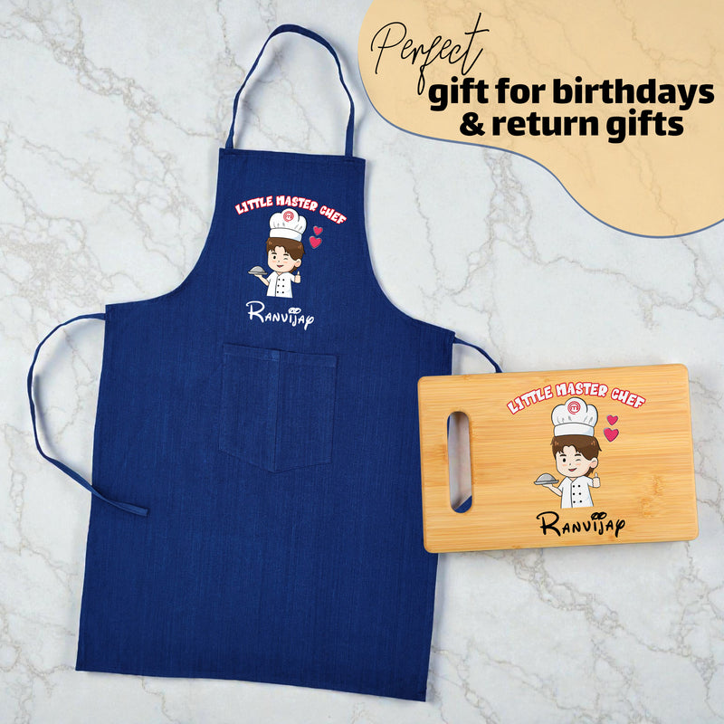 Customized Little Master Chef Gift Combo for Kids | Name Printed Apron & Wooden Board