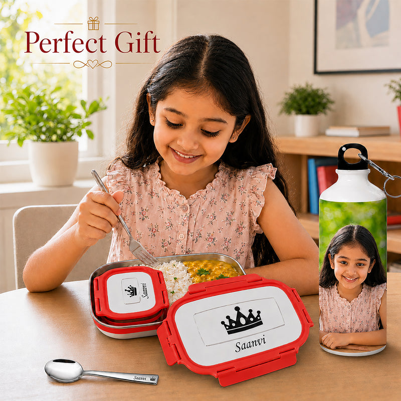 Customized Kids Combo: Photo Bottle & Name Engraved Steel Lunch Box.