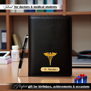 Customized Black Leather Diary with Coloured Doctor Logo & Name Engraved Pen.
