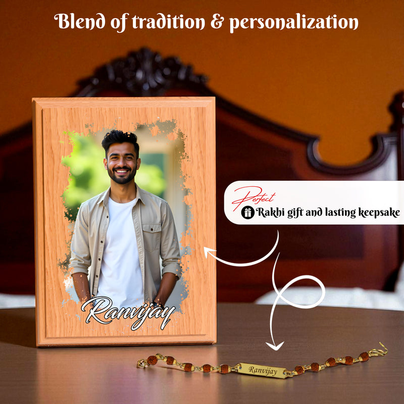 Personalized Rakhi Gift – Photo Printed Wooden Plaque + Name Engraved Rudraksh Rakhi.