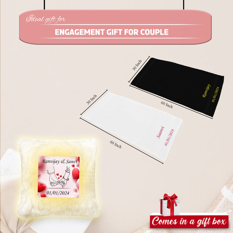 Engagement Gift Set – Custom Couple Towel Set & LED Cushion with Photo