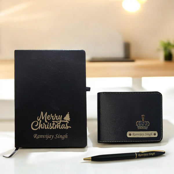 Christmas Combo for Men- Engraved Pen, Black A5 Diary, Leather Wallet