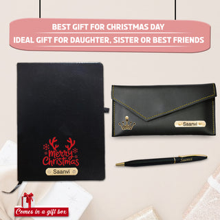 Customized Christmas Combo (Female) - Pen, Black A5 Diary, Leather Clutch