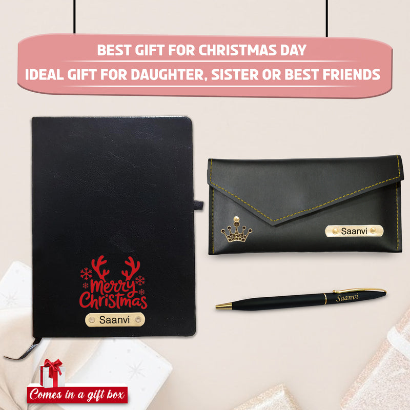 Customized Christmas Combo (Female) - Pen, Black A5 Diary, Leather Clutch