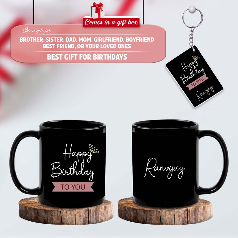 Bday Gift Combo – Ceramic Mug & Acrylic Keychain with 'Happy Birthday' Quote & Custom Name.