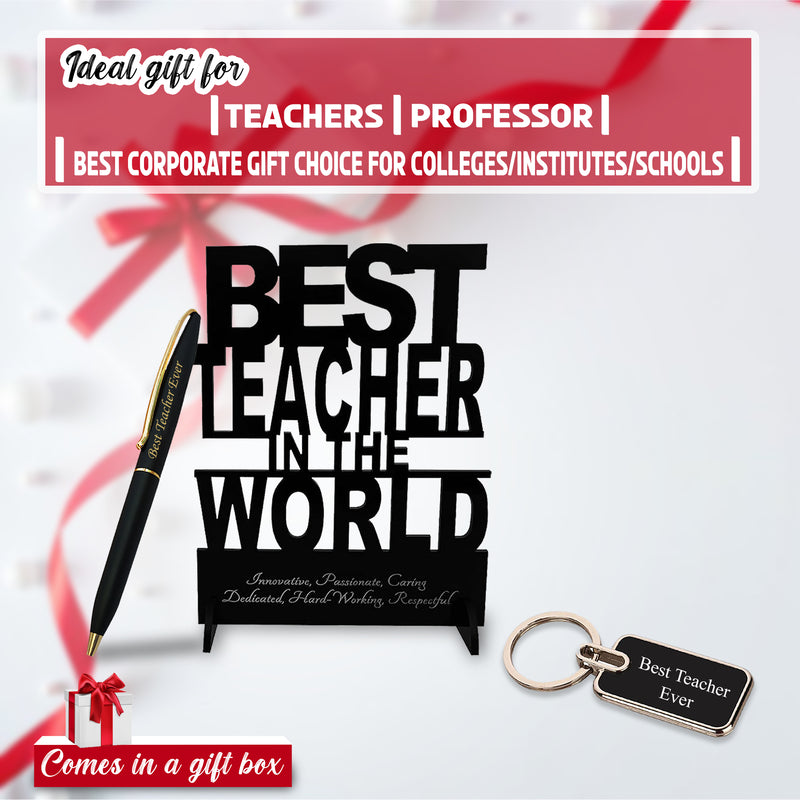 Premium Teacher Gift Set: Engraved Keychain, Elegant Pen & Acrylic Stand