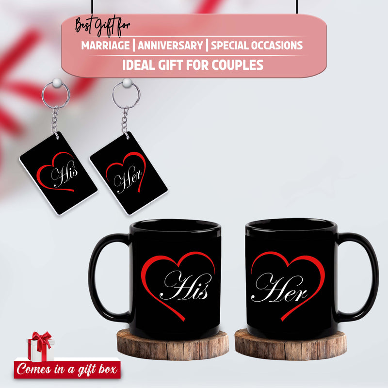 Anniversary Combo – Black Mugs & Keychain (Set of 2) with 'His & her' Design Printed.