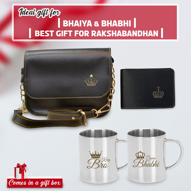 Rakshabandhan Gift Combo: Men's Wallet with Sling Bag & Couple Engraved Steel Mug Set.